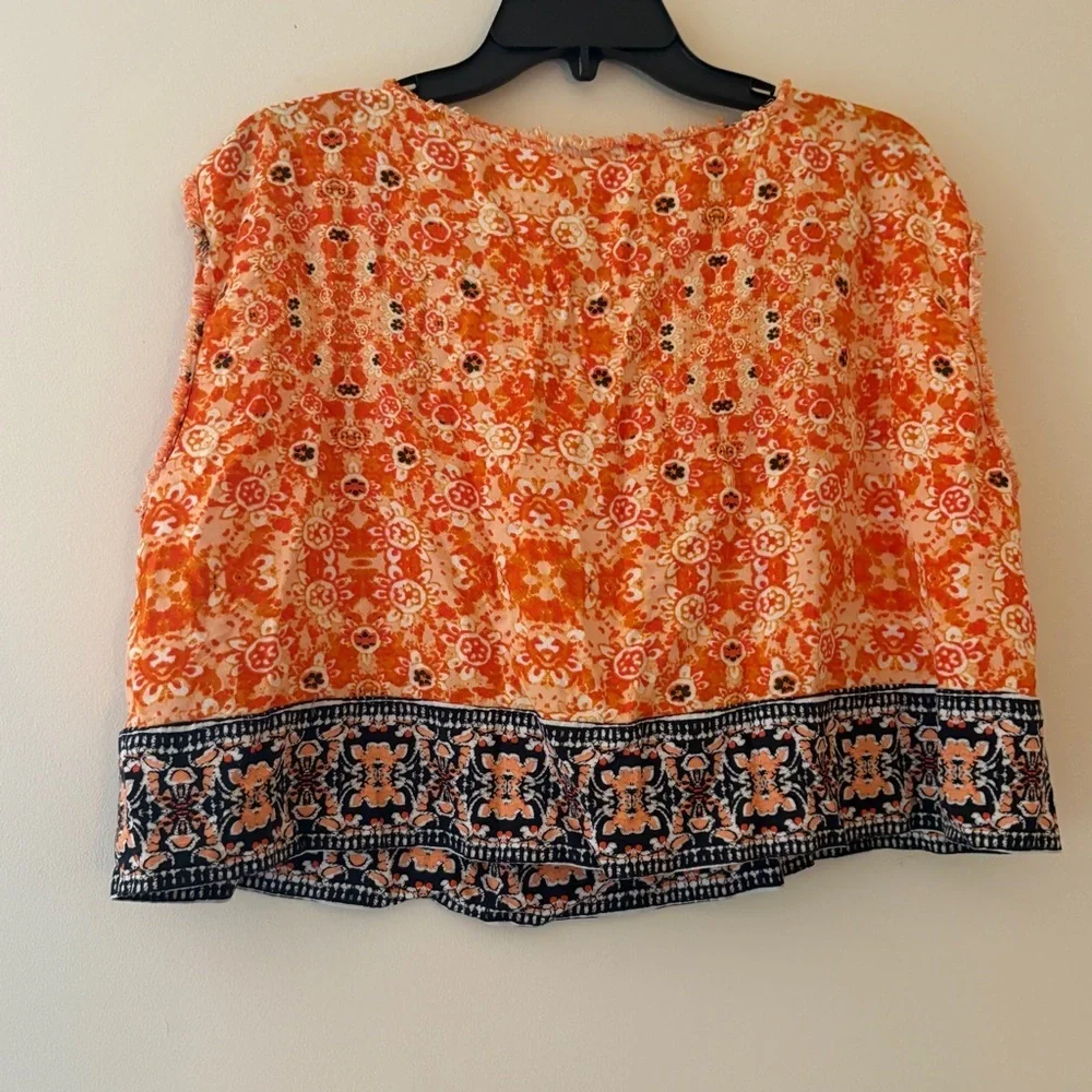 Free People Orange Floral Linen Blend Cropped Blouse Top Medium